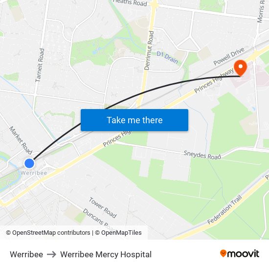 Werribee to Werribee Mercy Hospital map