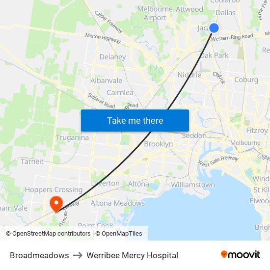 Broadmeadows to Werribee Mercy Hospital map