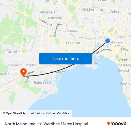 North Melbourne to Werribee Mercy Hospital map