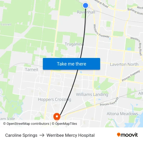 Caroline Springs to Werribee Mercy Hospital map