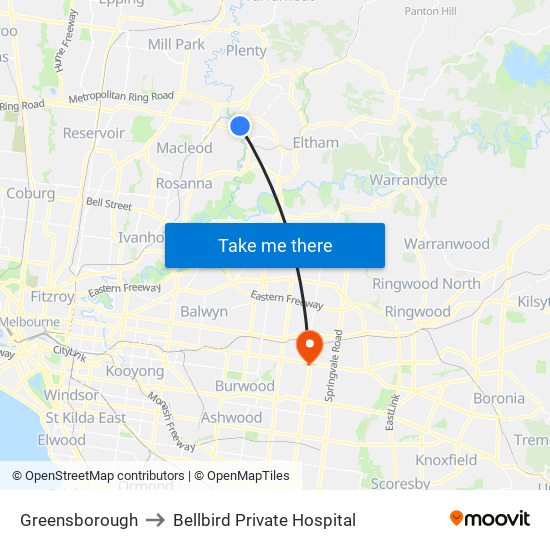 Greensborough to Bellbird Private Hospital map