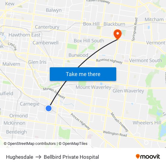 Hughesdale to Bellbird Private Hospital map