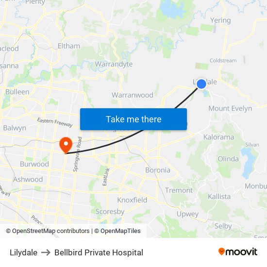 Lilydale to Bellbird Private Hospital map