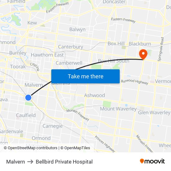 Malvern to Bellbird Private Hospital map