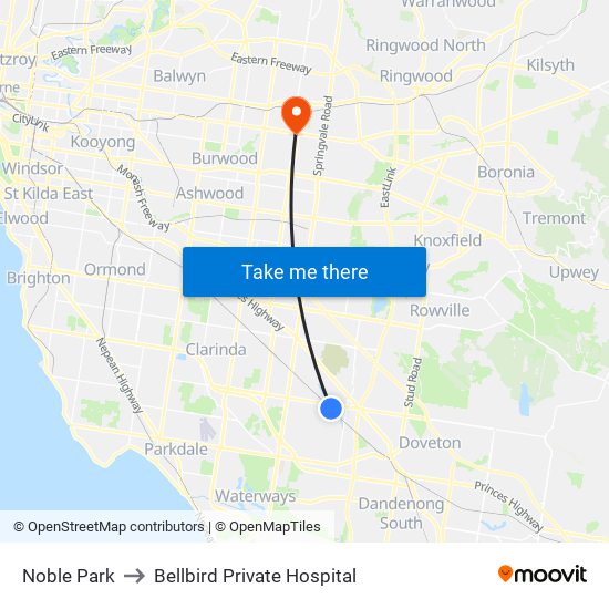 Noble Park to Bellbird Private Hospital map