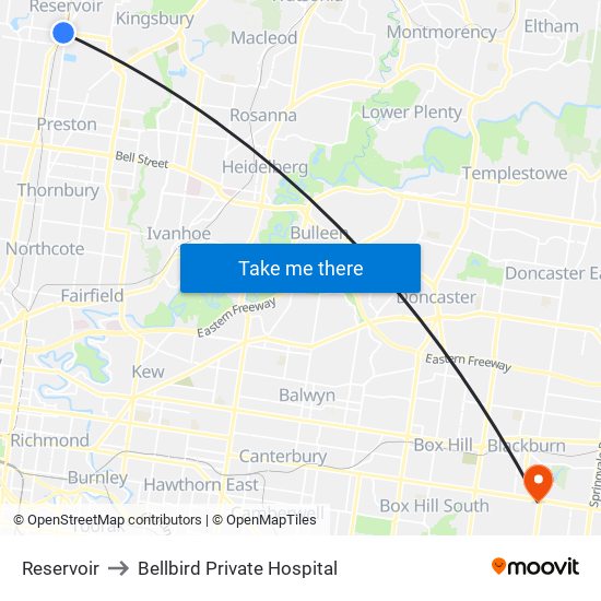 Reservoir to Bellbird Private Hospital map