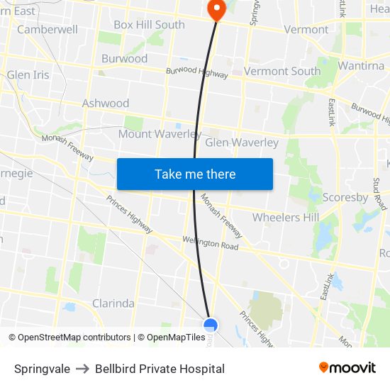 Springvale to Bellbird Private Hospital map