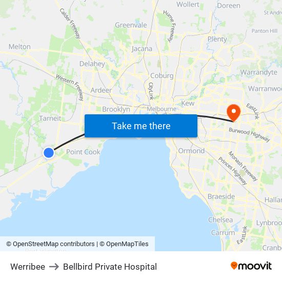 Werribee to Bellbird Private Hospital map