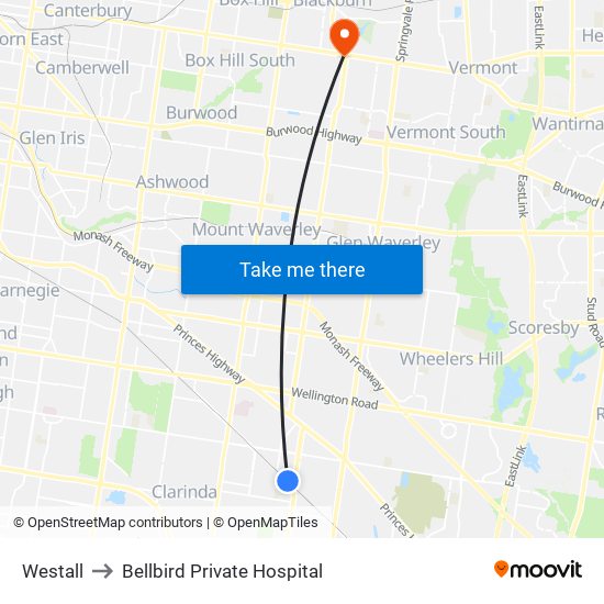 Westall to Bellbird Private Hospital map