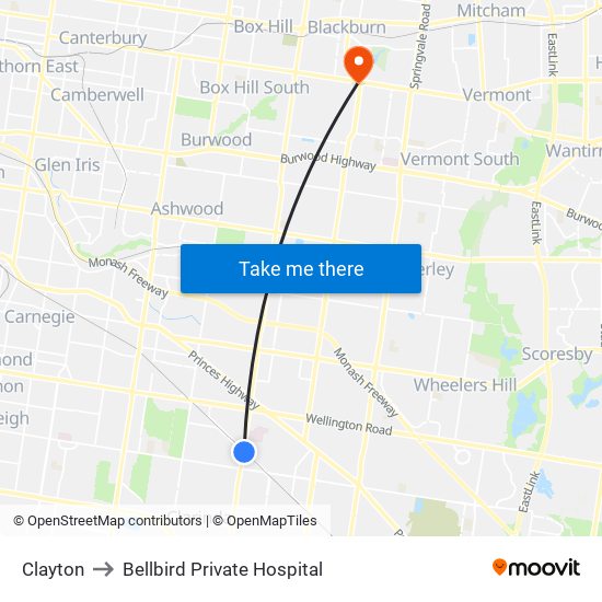 Clayton to Bellbird Private Hospital map