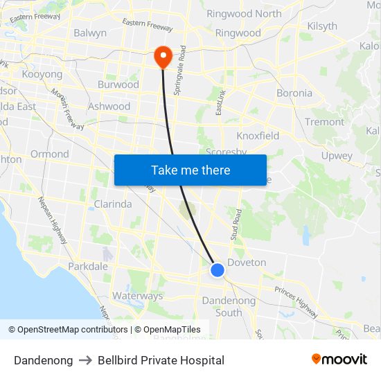Dandenong to Bellbird Private Hospital map