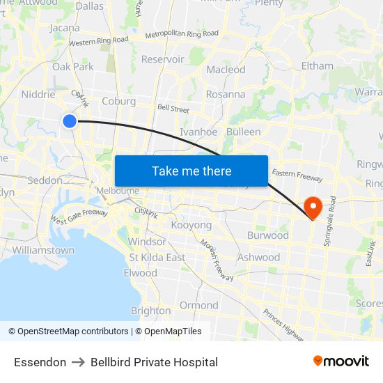 Essendon to Bellbird Private Hospital map