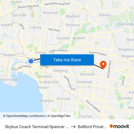Skybus Coach Terminal/Spencer St (Melbourne City) to Bellbird Private Hospital map