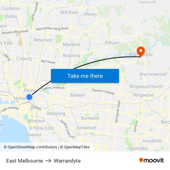 East Melbourne to Warrandyte map