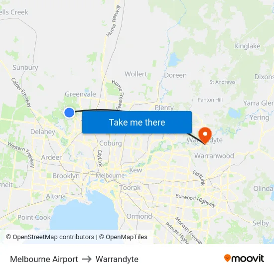 Melbourne Airport to Warrandyte map