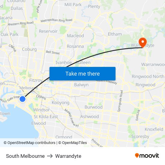 South Melbourne to Warrandyte map