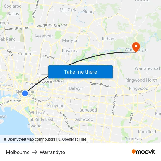 Melbourne to Warrandyte map