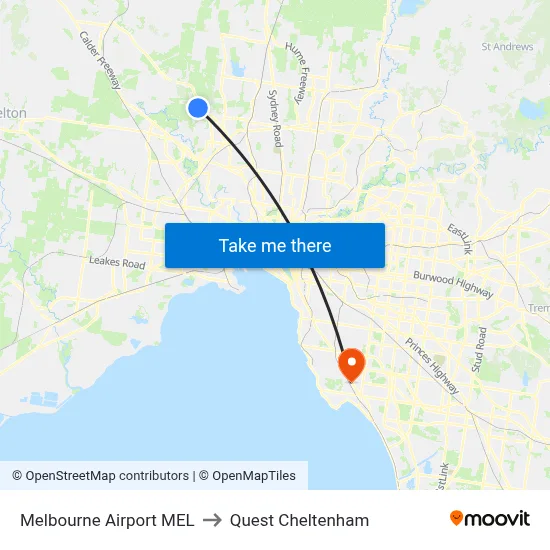 Melbourne Airport MEL to Quest Cheltenham map