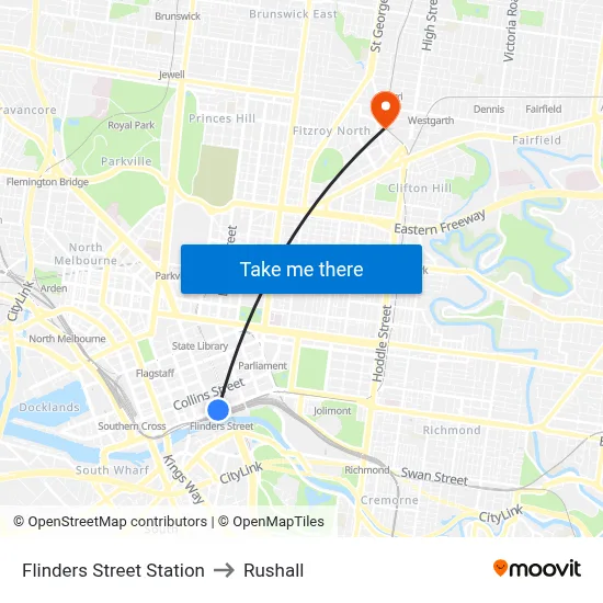 Flinders Street Station to Rushall map