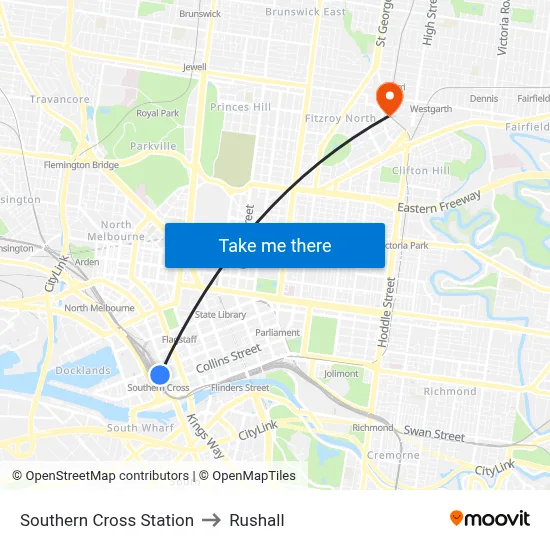 Southern Cross Station to Rushall map