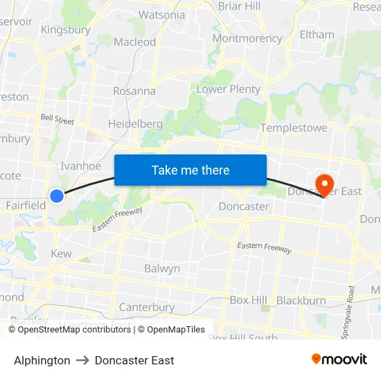 Alphington to Doncaster East map