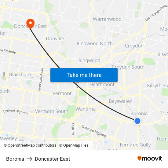 Boronia to Doncaster East map