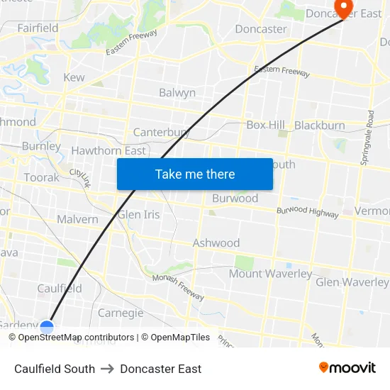 Caulfield South to Doncaster East map