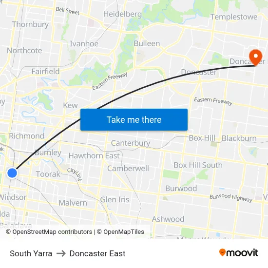 South Yarra to Doncaster East map