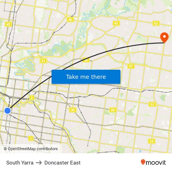 South Yarra to Doncaster East map