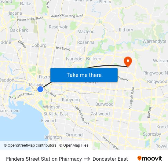 Flinders Street Station Pharmacy to Doncaster East map