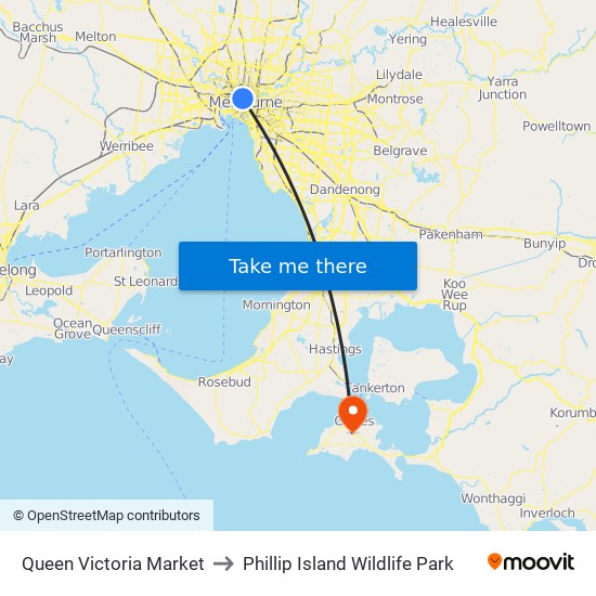 Queen Victoria Market to Phillip Island Wildlife Park map