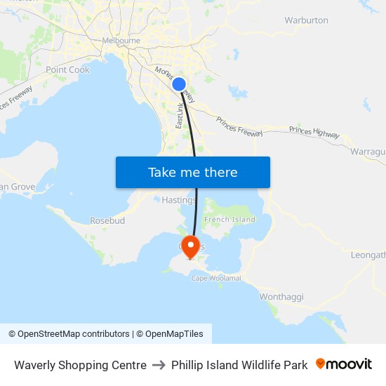 Waverly Shopping Centre to Phillip Island Wildlife Park map