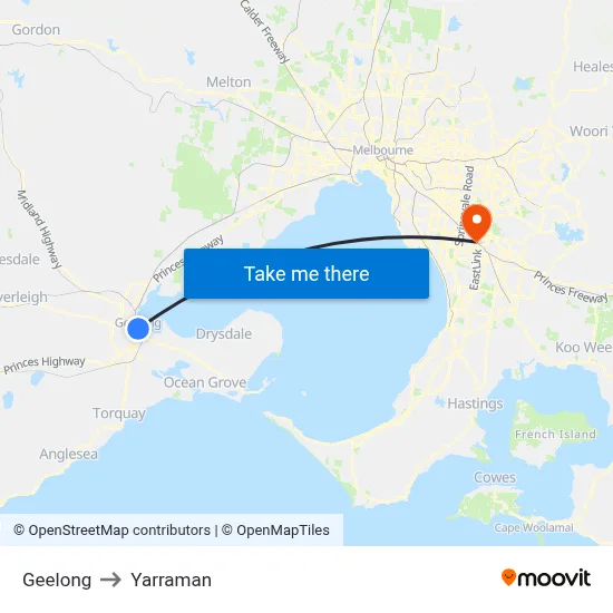 Geelong to Yarraman map