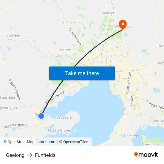 Geelong to Funfields map