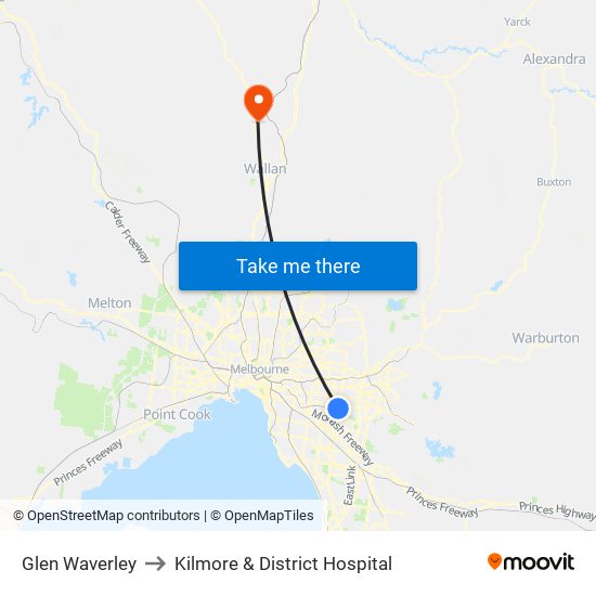 Glen Waverley to Kilmore & District Hospital map