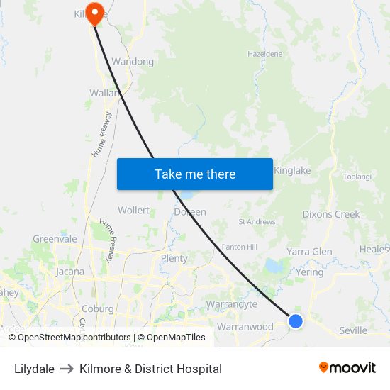Lilydale to Kilmore & District Hospital map