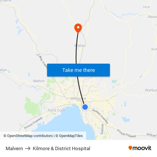 Malvern to Kilmore & District Hospital map