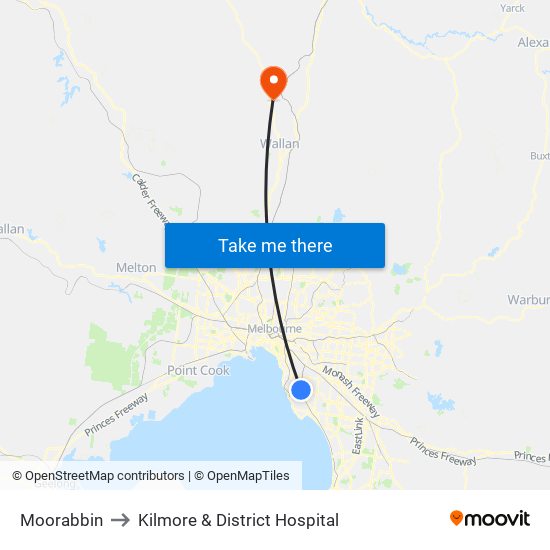 Moorabbin to Kilmore & District Hospital map