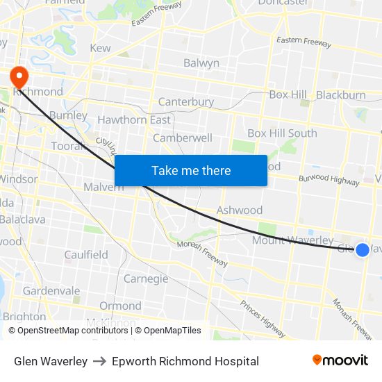 Glen Waverley to Epworth Richmond Hospital map