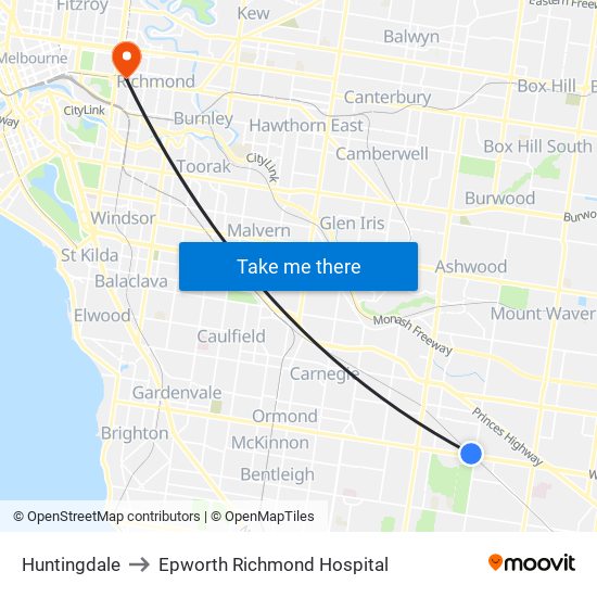 Huntingdale to Epworth Richmond Hospital map