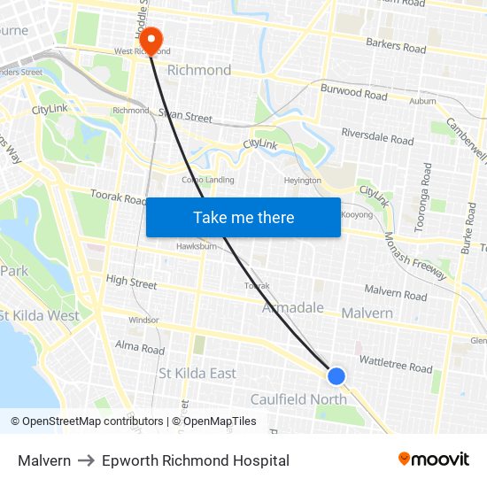 Malvern to Epworth Richmond Hospital map