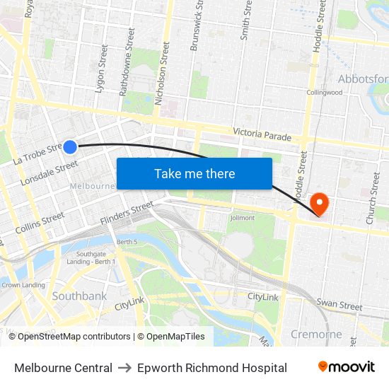 Melbourne Central to Epworth Richmond Hospital map