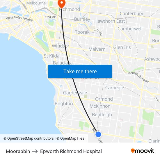 Moorabbin to Epworth Richmond Hospital map