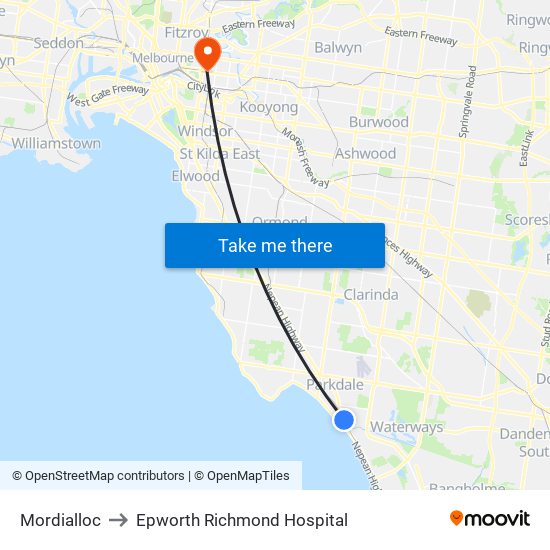 Mordialloc to Epworth Richmond Hospital map