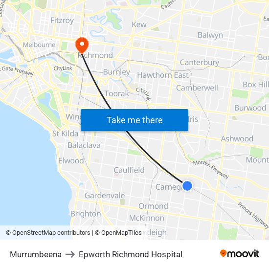 Murrumbeena to Epworth Richmond Hospital map