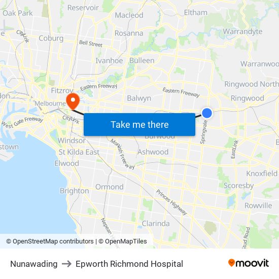 Nunawading to Epworth Richmond Hospital map