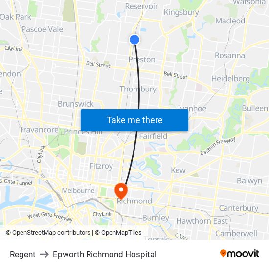 Regent to Epworth Richmond Hospital map