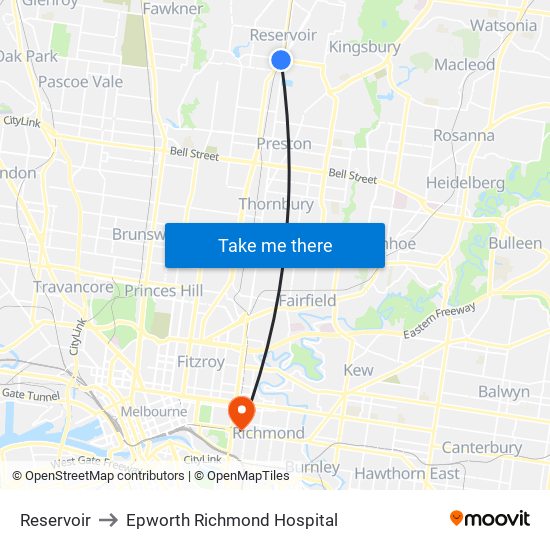 Reservoir to Epworth Richmond Hospital map