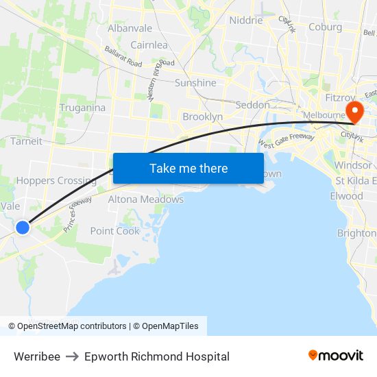 Werribee to Epworth Richmond Hospital map