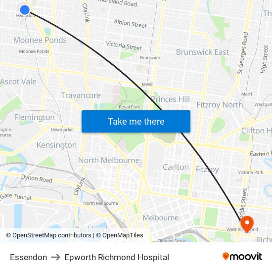 Essendon to Epworth Richmond Hospital map